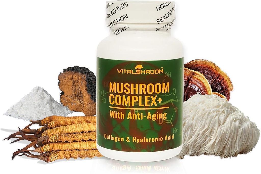 Complexe de champignons avec anti-âge. Suppléments anti-âge à base de champignons naturels avec Chaga, Lion, Cordyceps, Reishi, Collagène, Acide hyaluronique, Vitamines B1, B2, B6, C, D.