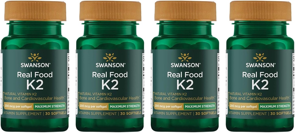 Swanson Maximum Strength Vitamin K2 (Menaquinone-7)-Vitamin-Ergänzung Unterstützung Herz-Kreislauf und Knochen-Gesundheit-Made von japanischen Natto zu helfen Regulieren Calcium (30 Softgels, 200mcg Jeder) (4 Pack)