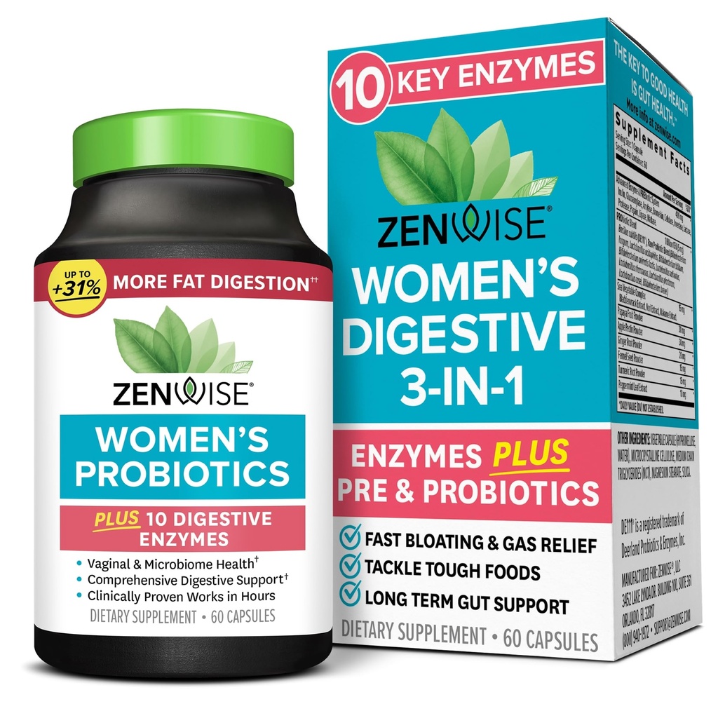 Zenwise Salute 3-in-1 Femminile Integratore Probiotico per Digestivo, Gut Flora & Vaginal Health - Probiotici giornalieri & Prebiotici per le donne con enzimi digestivi Supporti Bloating & Gas Relief - 60 Conte