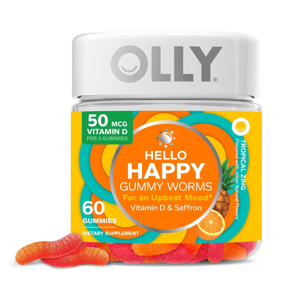 Hello Hello Happy Gummy Worms, Soutien de l'équilibre d'humeur, Vitamine D, Safran, Supplément à croquer pour adultes, Zing Tropical - 60 Comte