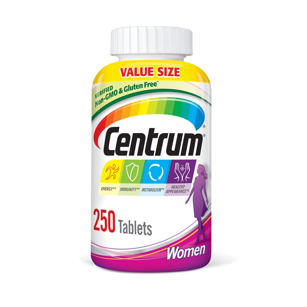 Centrum Multivitamin für Frauen, Multivitamin/Multimineral Supplement mit Eisen, Vitamin D3, B Vitamine und Antioxidantien Vitamine C und E, Tablet, Glutenfrei, Non-GMO Zutaten - 250 Count