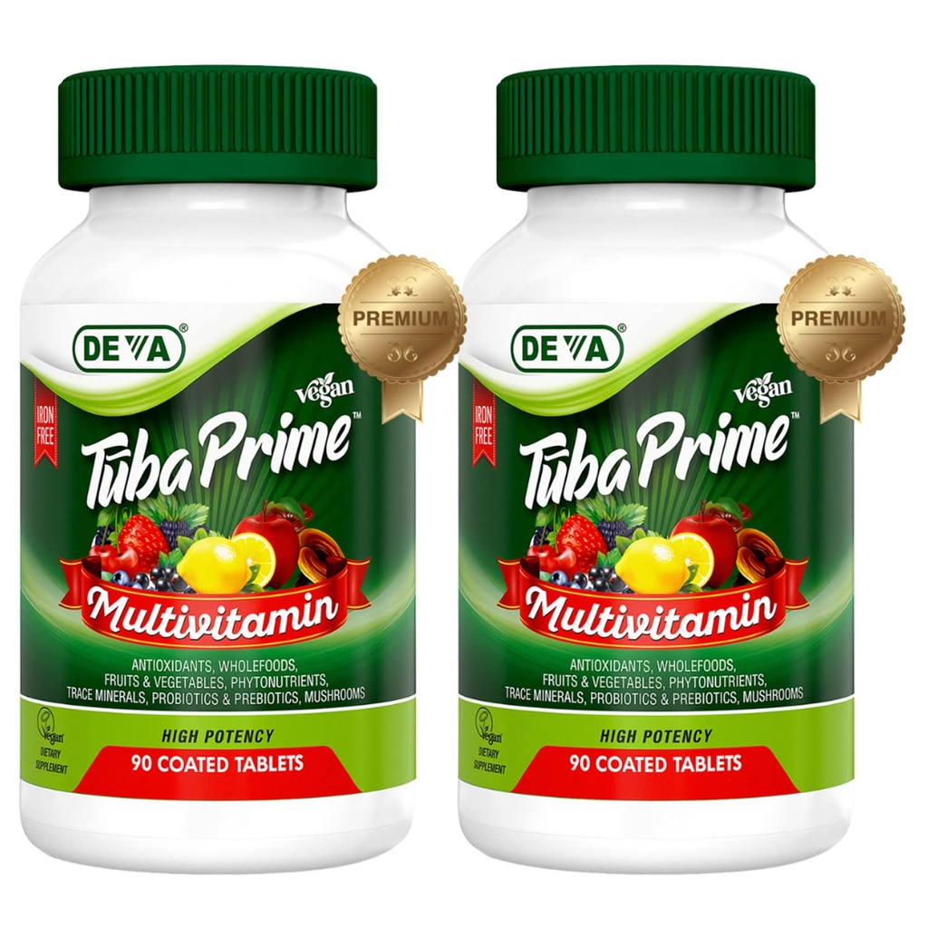 DEVA Tuba Prime Vegan Multivitamin Iron-Free High-Potency Vitamin & Mineral Nahrungsergänzungsmittel Antioxidantien, Frucht & Veg Mischung, Super Pilze, Probiotika, Präbiotika, Samen, Kräuter 90 Tabs 2-Pack