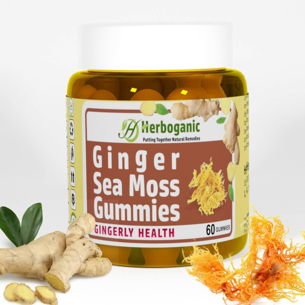 HERBOGANIC Ginger Sea Moss Gummis - Kräuter-Unterstützung für Immun- & Verdauungs-Gesundheit - Plant-Powered, Gluten-Free & Vegan-Friendly - 60 Count