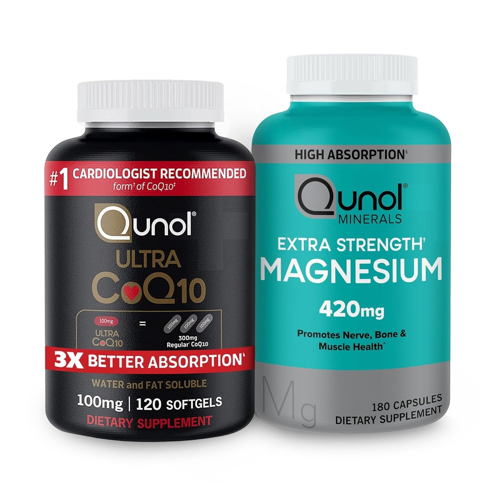Qunol CoQ10 100mg Softgels, 3X bessere Absorption 4 Monate Versorgung + 120 Graf Magnesium Glycinat Kapseln 420mg, hohe Absorption Magnesium Beilage, 180 Zähler