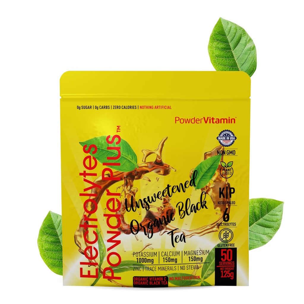 PowderVitamin Elektrolyte Powder Plus (50 Portionen) Unsweetened Black Tea Elektrolyt Pulver Keto,SugarFree, Pink Himalaya Salz,1000mgPotassium,150mgCalcium,150mgMagnesium,Hydration Pulver NO STEVIA