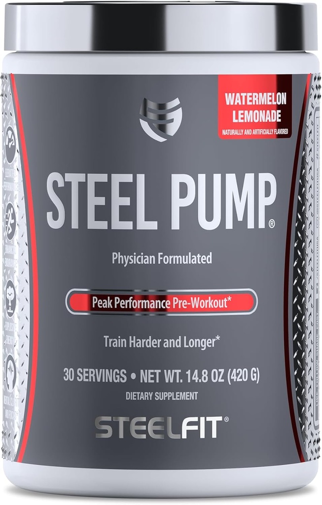 SteelFit Steel Pump | Advanced Pre Workout Powder & Nitric Oxide Supplement | Watermelon Lemonade, 30 Servings | for Muscle Building & Recovery | Made with Peak ATP, Ashwagandha, & Electrolytes
