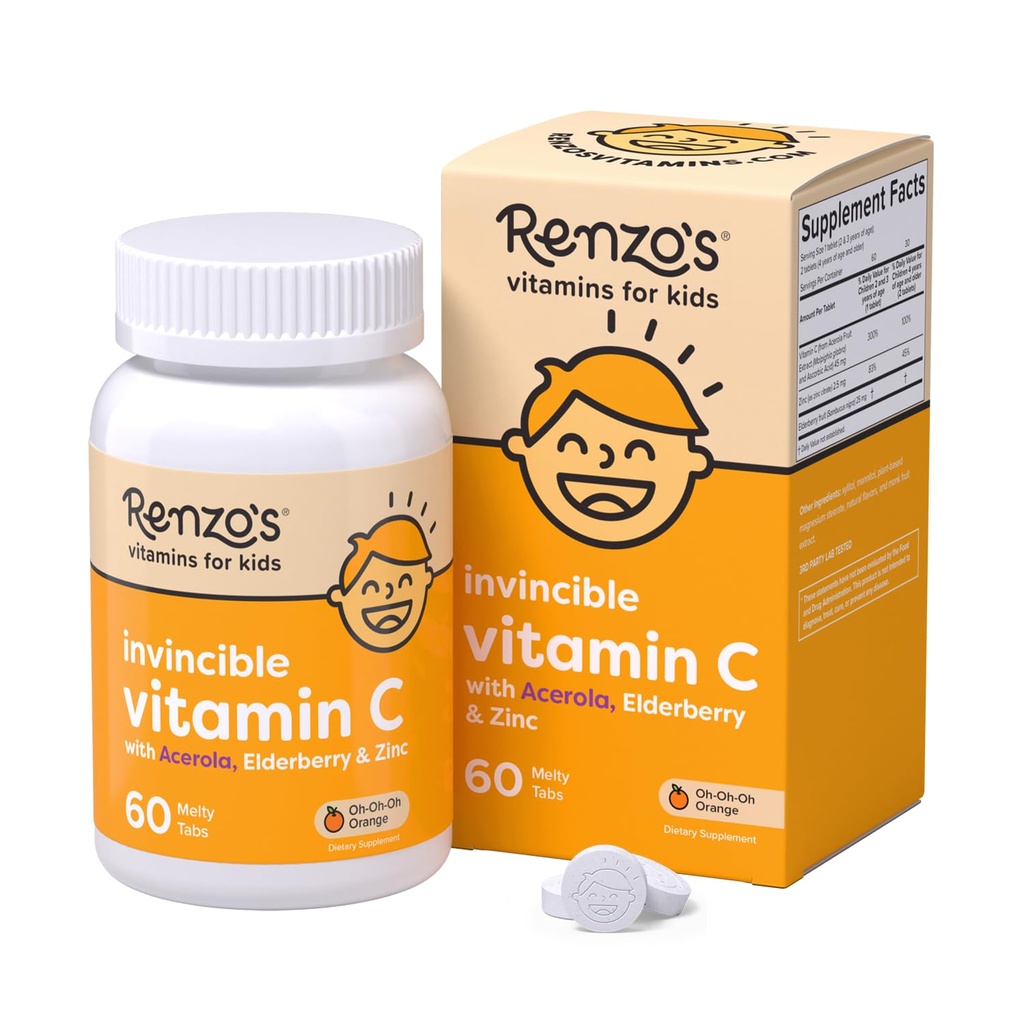 La vitamina C invincibile di Renzo per i bambini con il mirtillo e lo zinco, le vitamine dei bambini dissolvibili per il supporto immunitario, 60 schede di melanzane aromatizzate arancio