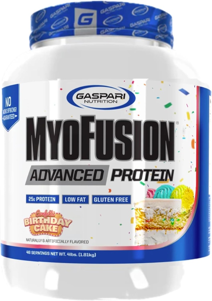 Gaspari Nutrition Myofusion Protéines avancées, mélange de protéines avec protéines de lactosérum, protéines de caséine et protéines isolées, faibles en gras et sans gluten (Cake du midi, 4 livres)