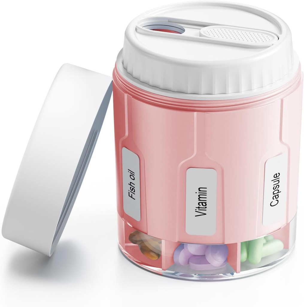 Daviky Pill Bottle Organizer, Ergänzung Organizer mit 7 großen Komponenten, Travel Pill Dispenser Runde Pille Box mit zwei Lids(Pink+ Weiß