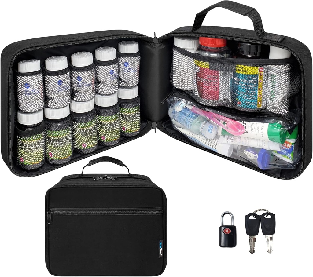 Grand organisateur de bouteilles de pilules rembourrées, sac de médecine, étui, transporteur pour les médicaments, les vitamines et les fournitures médicales - organisateur de médicaments de voyage et sac médical d'entreposage à domicile - noir (avec serrure TSA)