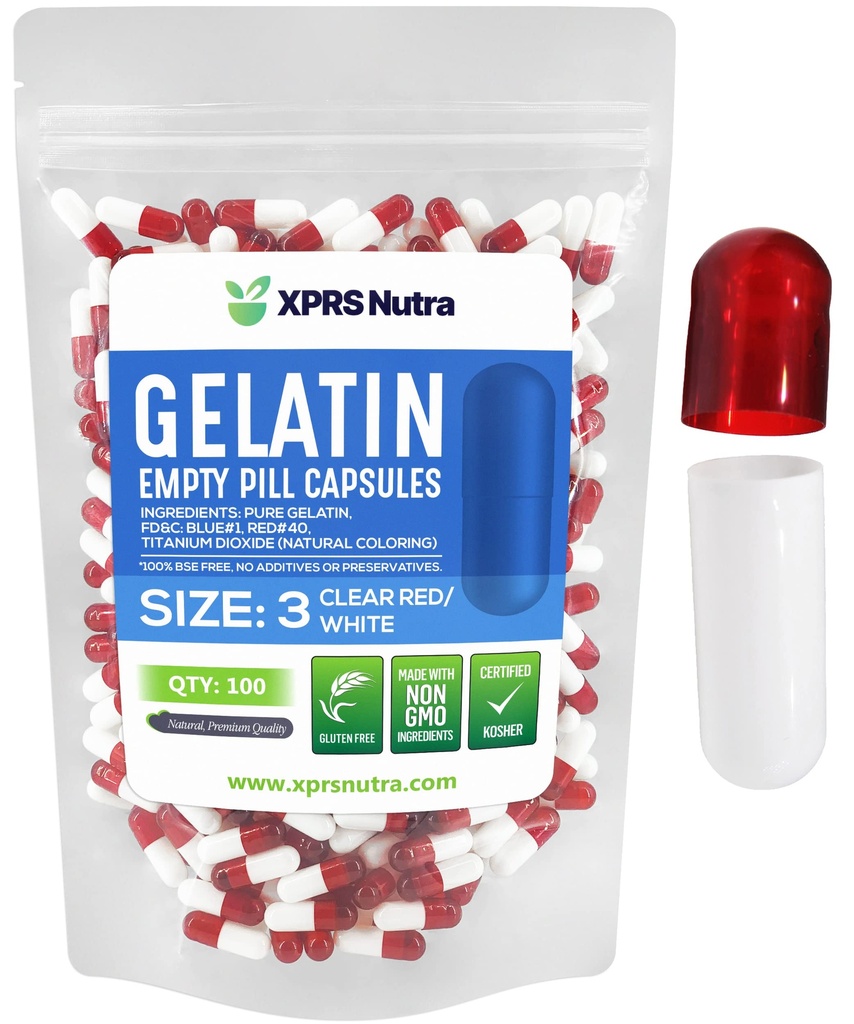 XPRS Nutra Size 3 Capsule Vuote - 100 Conta capsule Gelatina Vuota - Pillole Riempimento Capsule fai da te - Pure Bovine Pill Gel Caps Fillable for Do-It-Yourself Vitamins and Supplements (Clear Red/White)