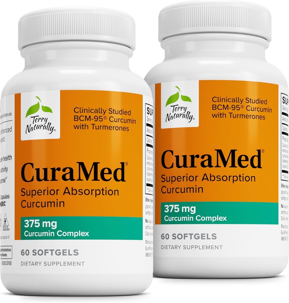 Terry naturellement CuraMed 375mg - Supplément antioxydant pour le cerveau et le soutien de la santé immunitaire - Supplément diététique avec Curcumine et huile essentielle curcuma - soutien du foie à base de plantes - 60 Softgels (paquet de 2)