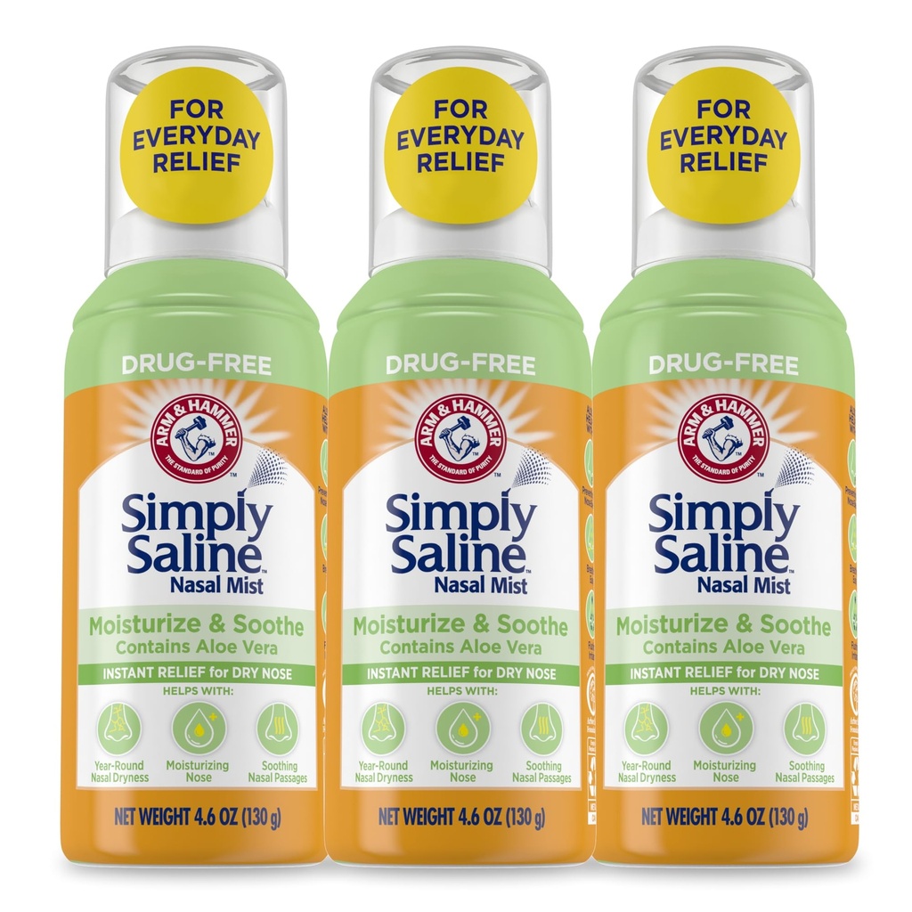 Arm & Hammer Einfach Saline Moisturize & Soothe Nasal Mist, Drug-Free Moisturizing Saline Nasal Spray für Instant Relief für Dry Nose, 4.6 Oz (130 g), 3 Pack