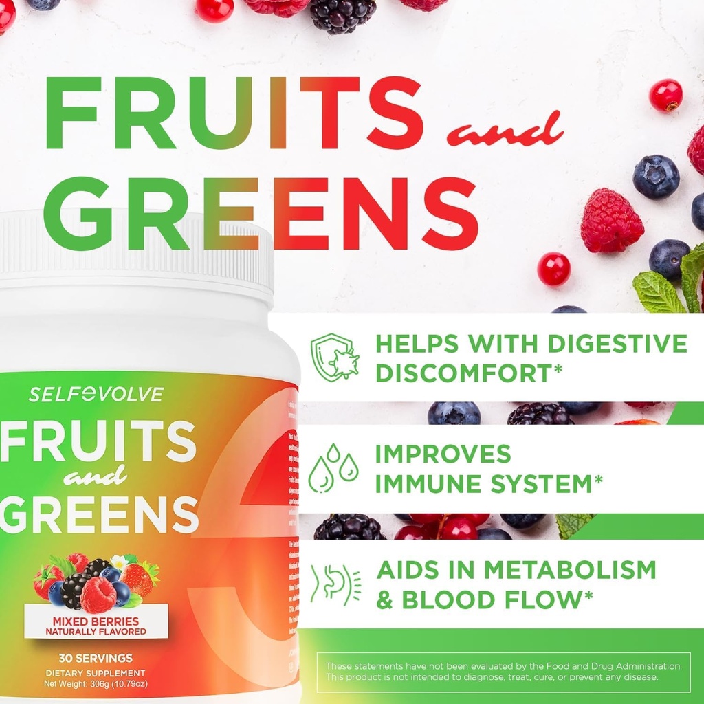 Fruits and Greens Organic Probiotic Powder: 30 Servings for Men & Women. Vegan with 10 Billion CFUs, Spirulina, Kale, Spinach, Chlorella, Elderberry, Digestive Enzymes - Probiotics
