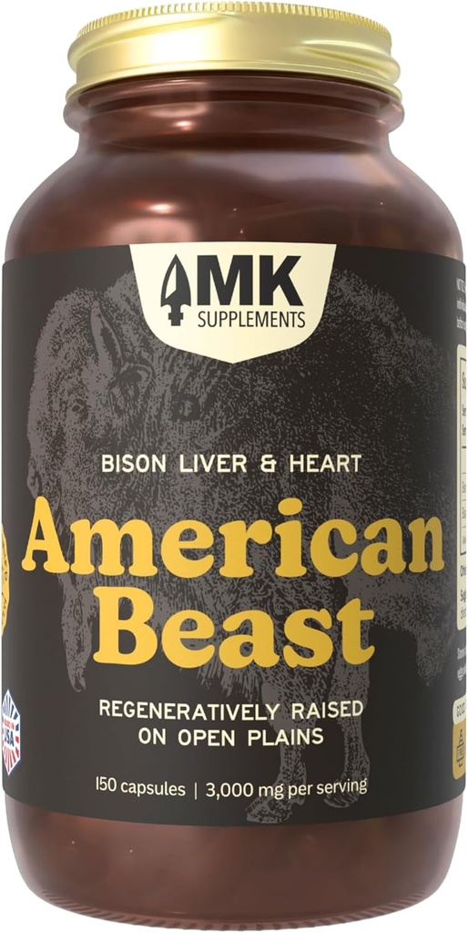 MK Integra la Bestia Americana, Bison Organ Supplemento per Atleti, Supporta la Forza, Endurance & Recovery, Freeze-Dried, Non-GMO, Bison Liver & Bison Heart, 30 Serve (3,000 mg Ogni)