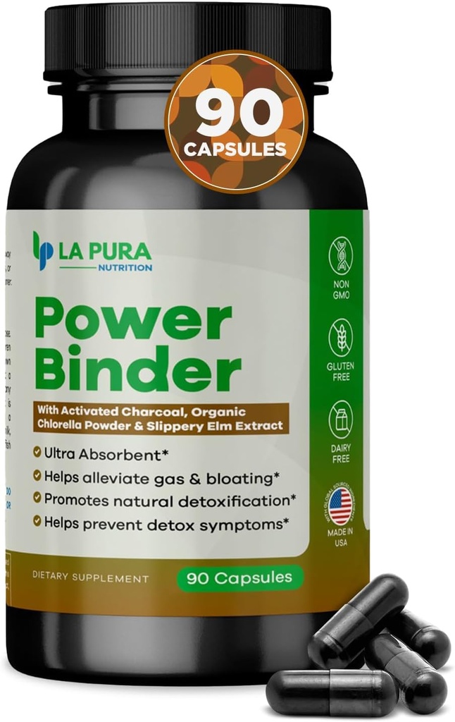 LaPura Power Binder Blend – Detox & Cleanse with Activated Charcoal, Organic Chlorella Powder & Slippery Elm Extract – Aiuta ad alleviare il gas & Bloating – promuove la disintossicazione naturale - 90 capsule