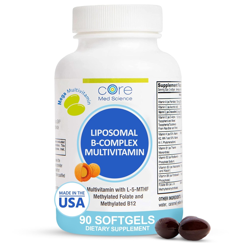 Core Med Science Liposomal methyliertes Multivitamin B-Komplex, 90 Softgels - Non-GMO Active Super B Complex Vitamin Supplement für Herzgesundheit - VIT Methyl B Complex Immun Support Supplement