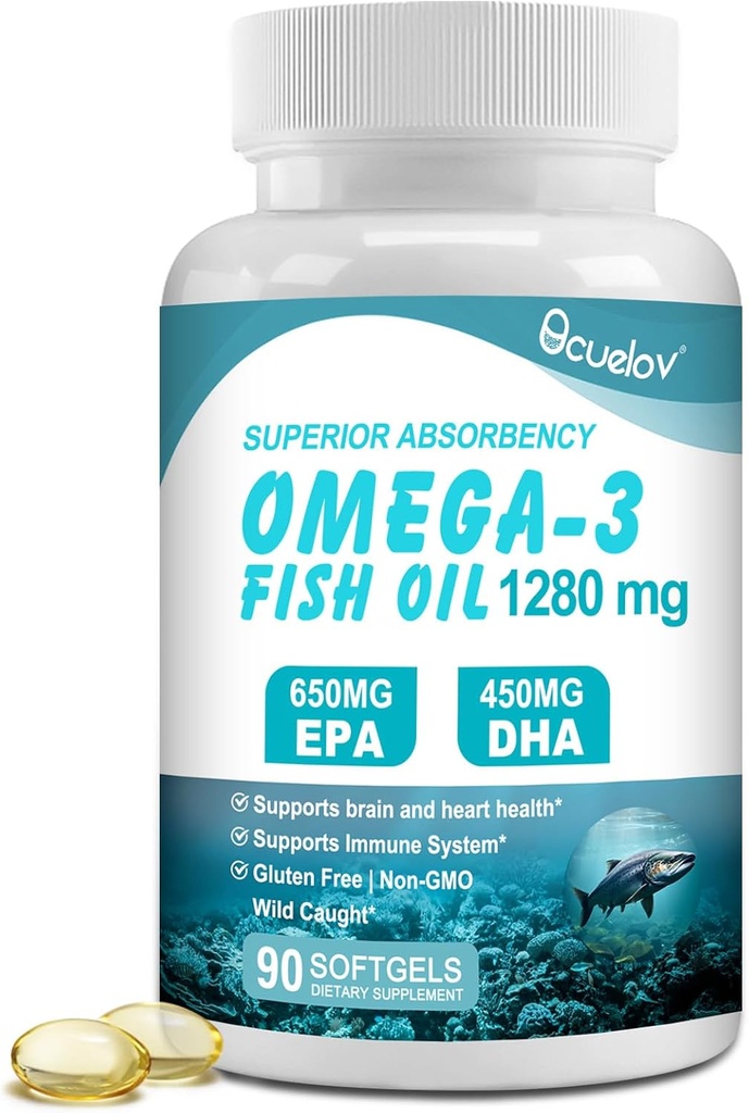 Omega 3 Suppléments à l'huile de poisson,Triple Strength Omega 3 Supplément nutritionnel avec 650mg EPA 450mg DHA par service - Cerveau, yeux, coeur et crème de santé - 90 Softgels (45 portion)