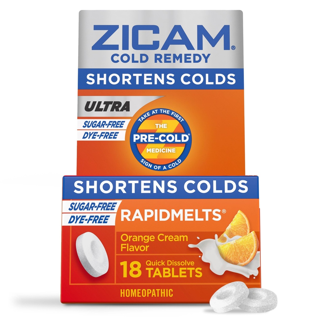 Zicam Ultra Cold Remedy Zinc Rapidmelts, Crema Arancio Flavor, Omeopatico, Medicina di accorciamento a freddo, abbrevia la durata del freddo, senza zucchero, senza diete, 18 conte