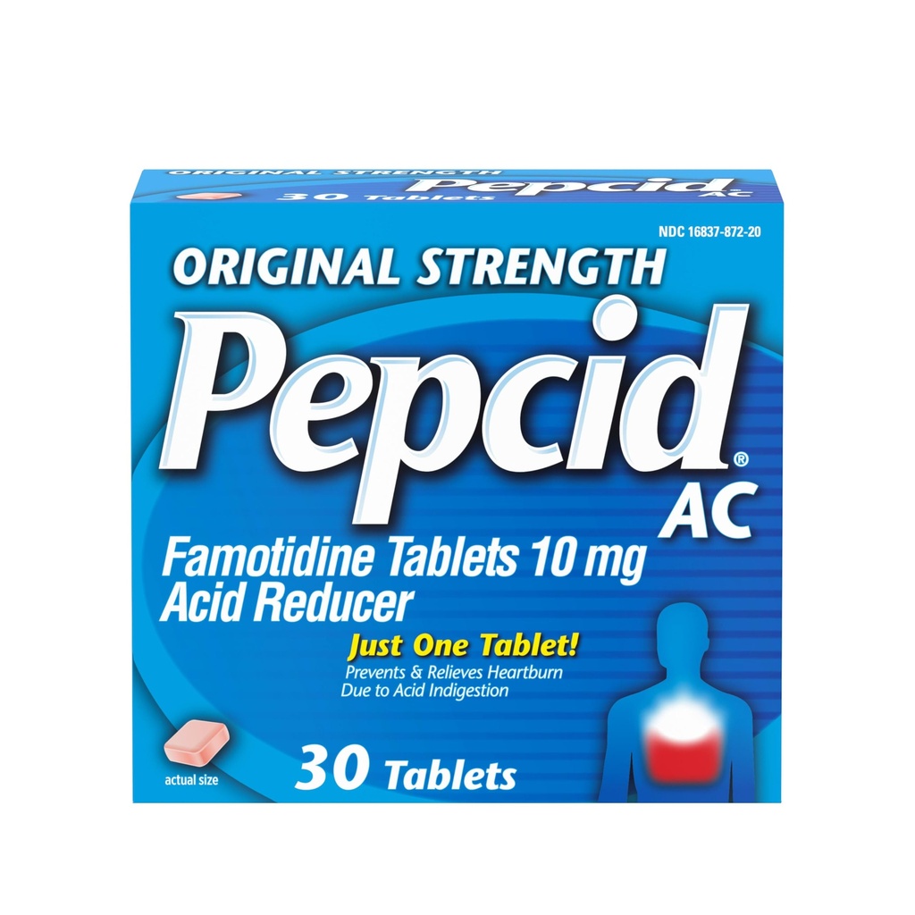 Pepcid AC Initial Strength Heartburn Relief Comprimés, OTC Médecine prévient et soulage les brûlures d'estomac et le reflux acide en raison de l'indigestion acide, 10mg Famotidine Acid Reducer, Fast-Acting, 30 ct