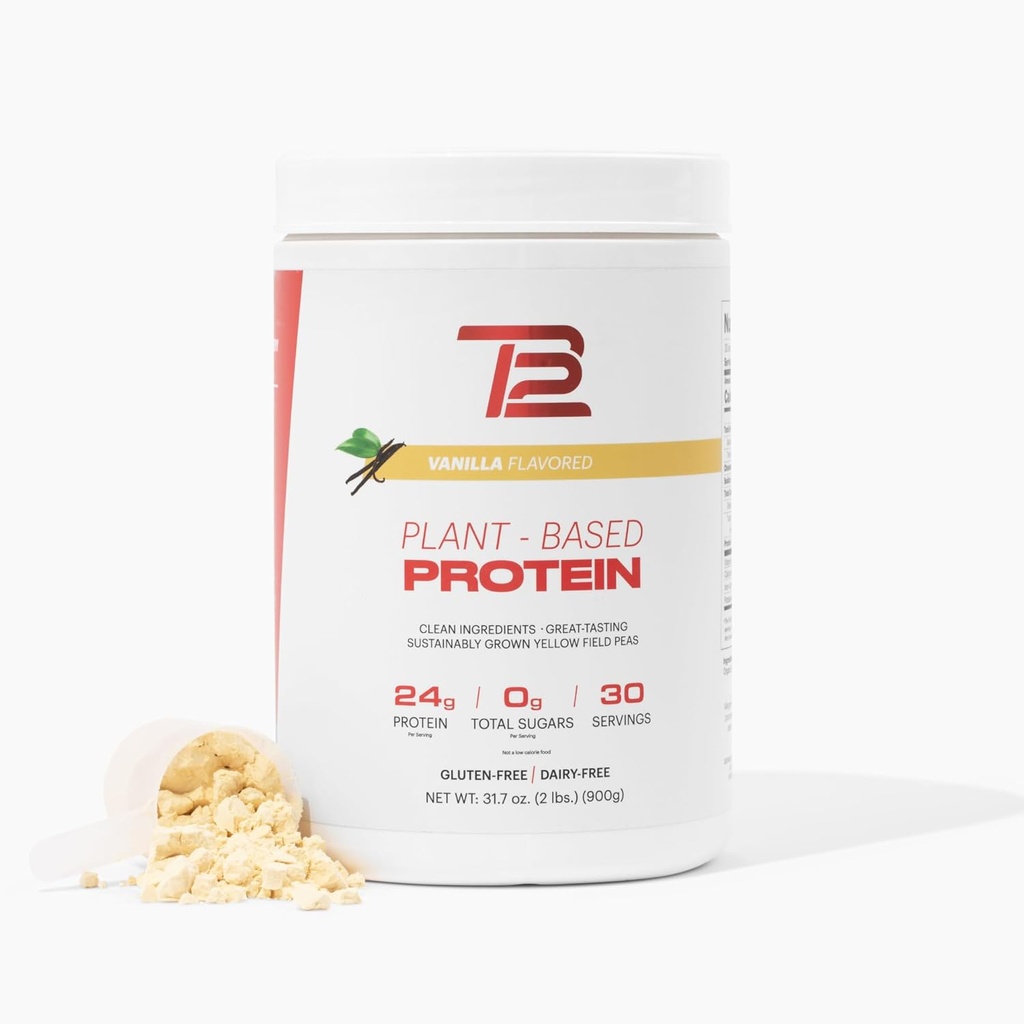 TB12 Poudre de protéines à base de plantes par Tom Brady, 24g de protéines de pois végétaliens, faible teneur en sucre, faible teneur en glucides, non-OGM, substitut de repas, Keto Friendly, Paléo, sans sucre, vanille (30 portions/2.12lb)