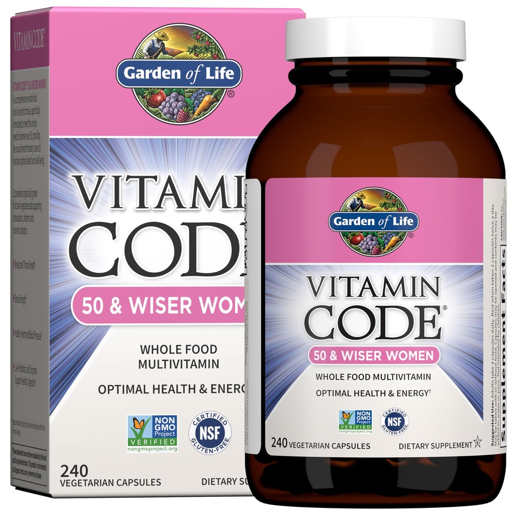 Giardino della vita Vitamina Codice Multivitaminico per le donne 50 e oltre, 240 capsule, per le donne 50 Plus con vitamine B, Vitamine A, C, D3, E & K, CoQ10, Probiotici e enzimi