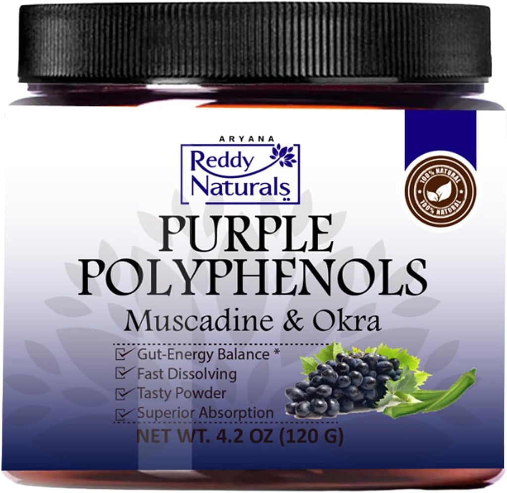 Reddy Naturals - Supplément de polyphénols violets avec extrait de graines de raisin de muscadine - Poudre de soutien de santé naturel avec extrait d'okra, mélange antioxydant pour l'énergie et la santé digestive (30 portions)