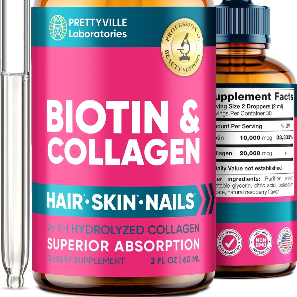 Collagène liquide et biotine pour les femmes - 30000mcg Complexe de croissance des cheveux - Fabriqué aux États-Unis - Huile de collagène et biotine hydrolysée pour la croissance des cheveux, la peau saine et les ongles - Vegan Collagène et biotine Source - 2 fl oz