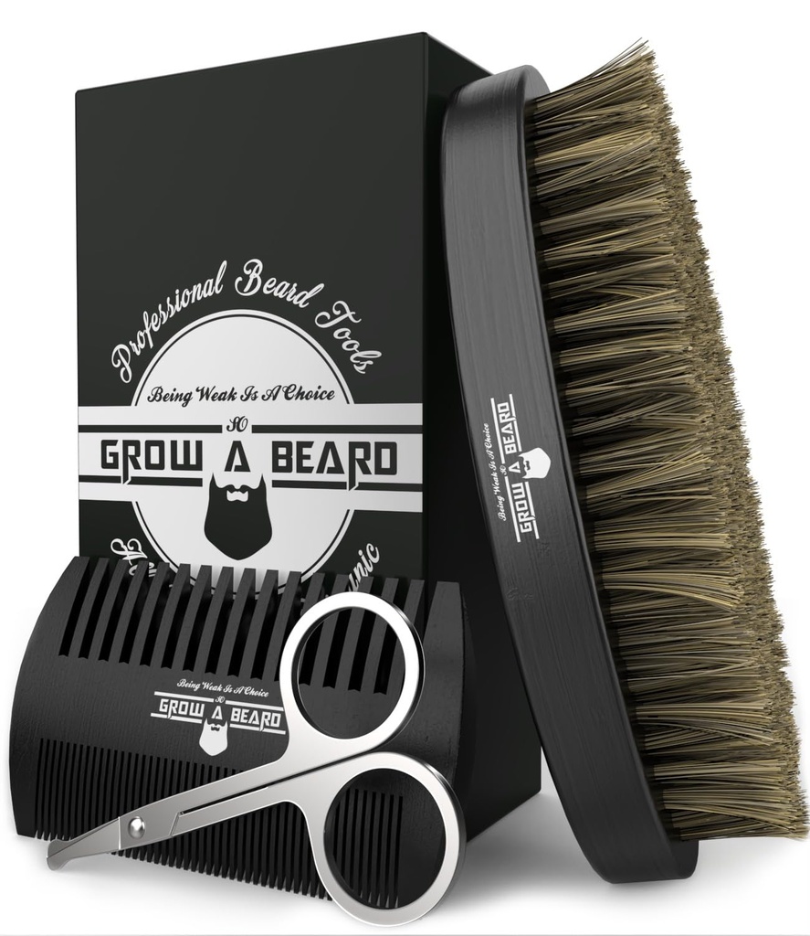 Bart Bürste für Herren &amp; Bart Comb Set w/Mustache Scissors Grooming Kit, natürliche Boar Bristle Brush, Dual Action Wood Comb, und Reisetasche groß für Weihnachtsgeschenk