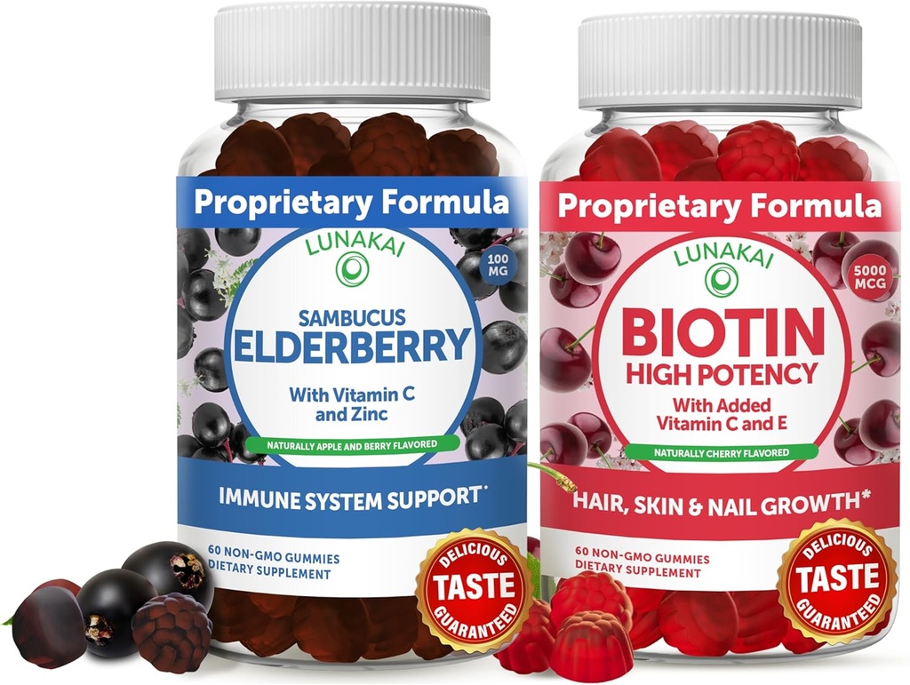 Bundle Lunakai Biotin & Gommies de mûre - Gummy pour la croissance des cheveux, la peau et les ongles plus forts avec vitamine C et E - Supplément de soutien immunitaire pour les adultes et les enfants