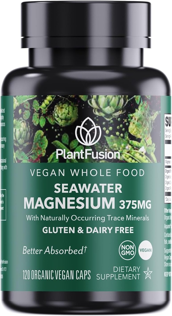 PlantFusion Vegan Magnesium Complex 375mg from Sea Water, Biodisponibile Magnesio Marino con Fermented Organic Whole Food Blend, Non-GMO, Muscle & Relax Support, 120 Cap