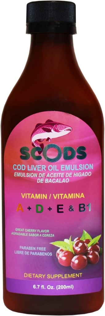 Emulsion de Scods Cereza Cod Liver olio Emulsion Cherry 200ml Vitamina A + D + E & B1