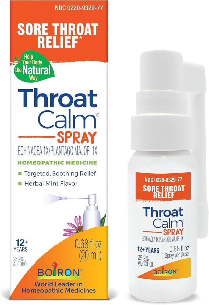 Vaporisateur Boiron ThroatCalm pour soulager la gorge apaisante - Propulsé par la plante avec de l'échinacée – Flavor naturel à la menthe - Non-Numbing & Benzocaine-Free - .68 Fl Oz