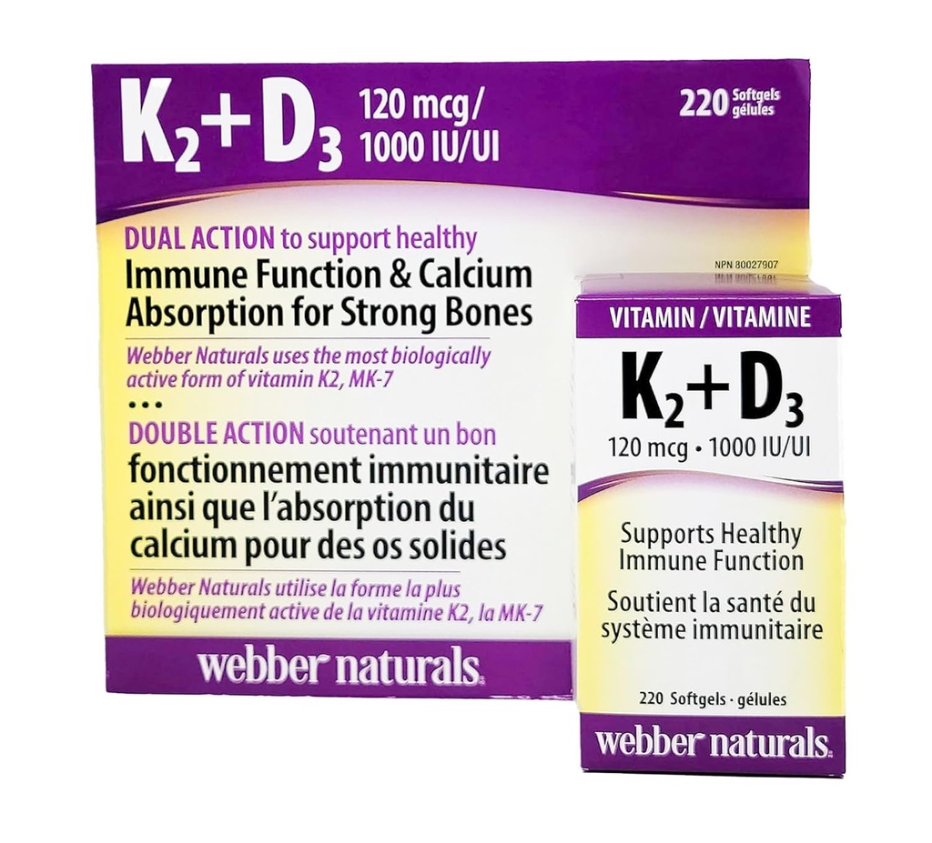 Webber Naturals K2 + D3 120 mcg/1000 IU, Unterstützt gesunde Immunfunktion - 220 softgels