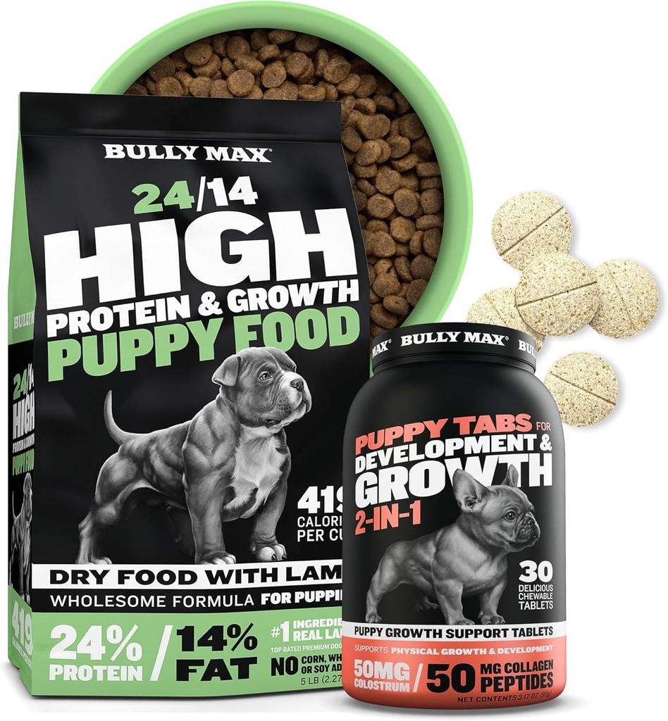 Bully Max 24/14 Aliments pour chiots à haute teneur en protéines (5 lb) et vitamines pour chiots (30 comprimés à croquer) pour le développement et la croissance – Muscle, Immune, os et soutien digestif chez les petits et grands chiots
