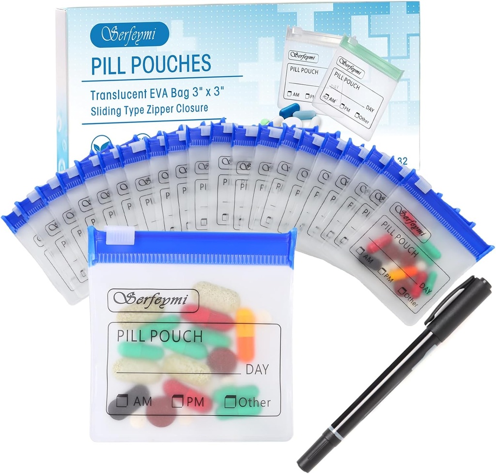 Serfeymi 32 Stück Reißverschluss Pillen Pouches Organizer Plastiktüten 3 X 3 Zoll 12 mil Selbstversiegelung mit Slide Lock Schreibbares Label Translucent Travel Medicine Aufbewahrungstasche Case und 1 Stück Marker-Blue
