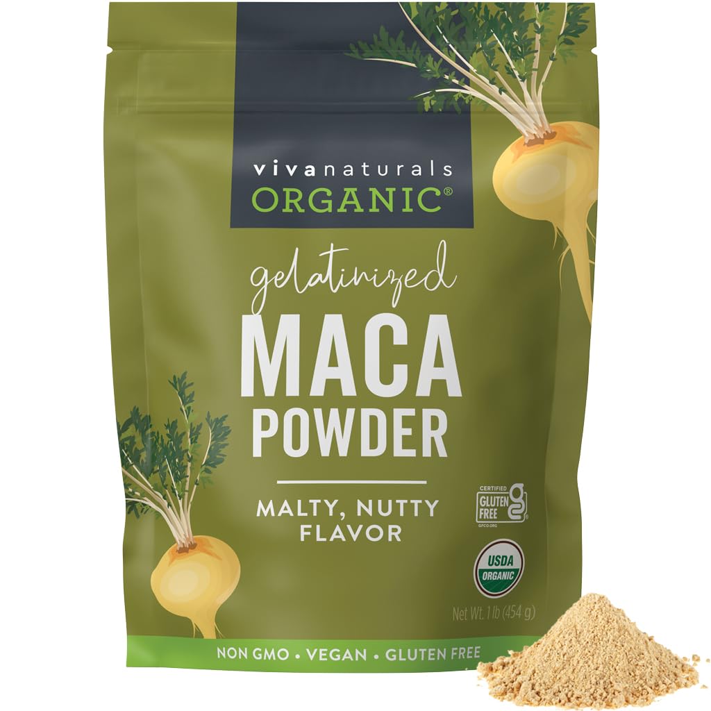 Viva Naturals Organic Maca Powder, Gelatinized, 16 oz (1 lb) – Vegan, USDA Organic, Gluten-Free, Non OGM Peruvian Superfood in Resealable Bag
