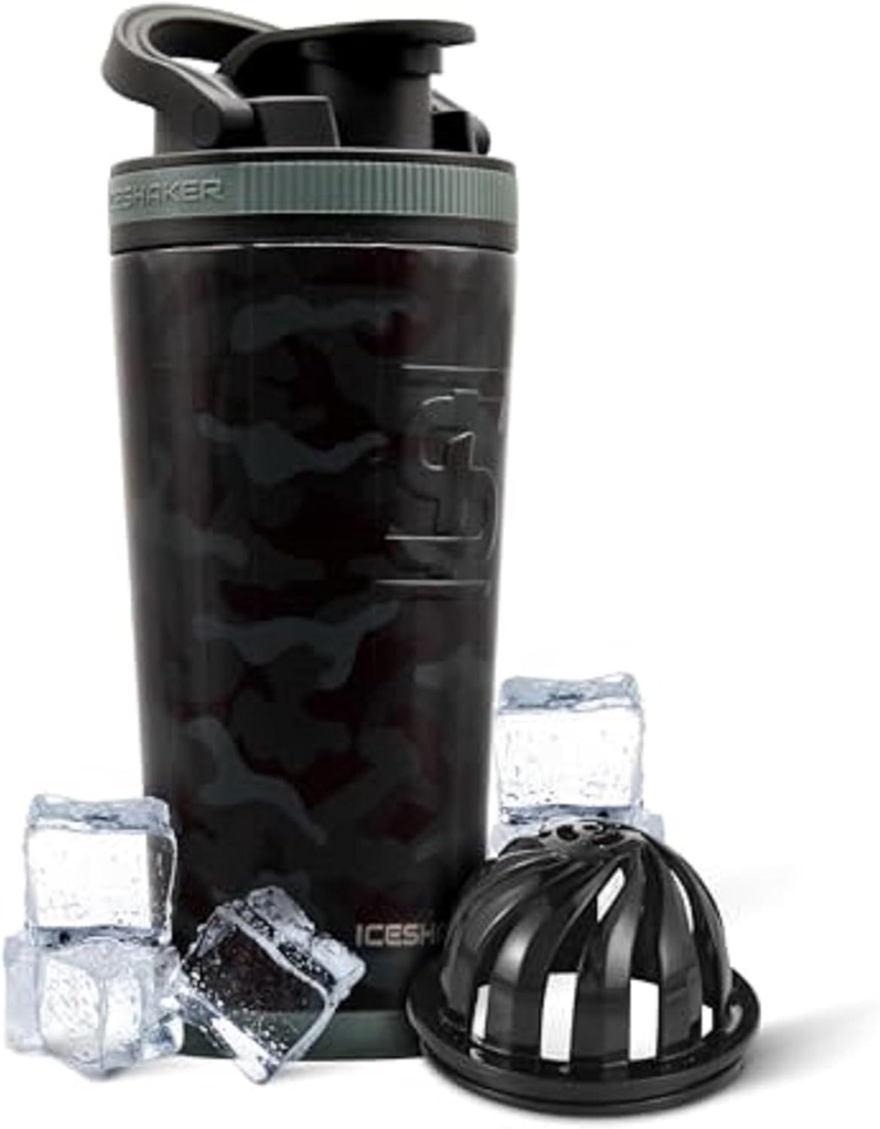 Ice Shaker Insulated Edelstahl Shaker Bottle | 26oz, Schwarz Camo | Kalt für 30+ Stunden | Insulated Cup mit Twist-on Agitator | Odor-freie Flasche für Protein Shakes, Wasser, Smoothies, Cocktails