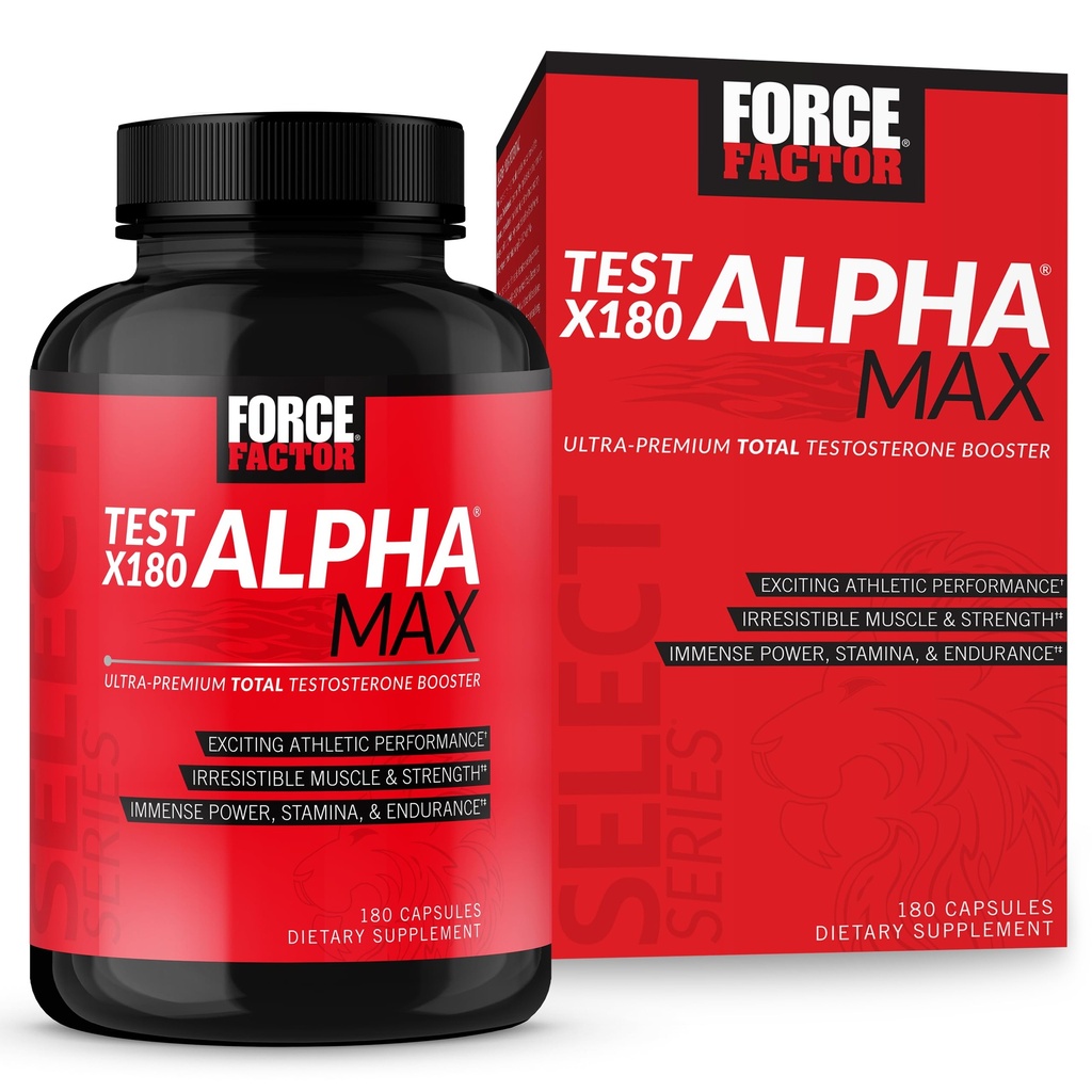 FORCE FACTOR Test X180 Alpha Max Total Testosterone e Nitric Oxide Booster per gli uomini con Seme greco e Tribulus per aumentare il flusso sanguigno e migliorare le prestazioni atletiche maschili, 180 capsule