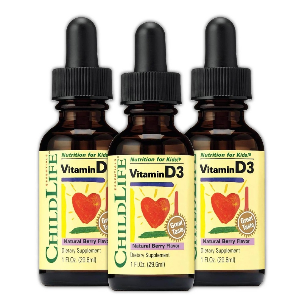 CHILDLIFE ESSENTIALS Vitamin D3 Tropfen für Kinder, Kinder & Kleinkinder - Flüssiges Vitamin D Tropfen, 500 IU pro Tropfen, Immun- & Knochen Gesundheitsunterstützung, Natürliche Berry - 1 Fl Oz (Pack von 3)