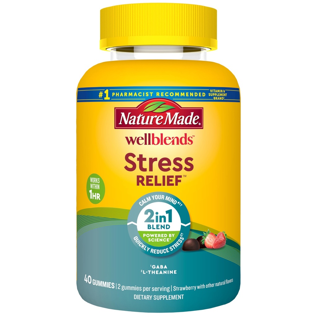 Natura fatta Wellblends Stress Relief Gummiess, L theanine 200mg per aiutare a ridurre lo stress, con GABA 100mg, Same Day Stress Support, 40 Strawberry Flavor Gummiesess