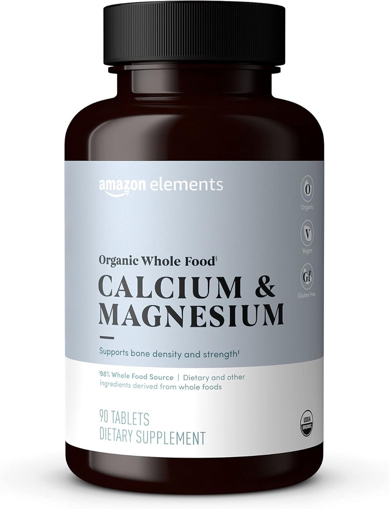 Éléments - Aliments bio entiers Calcium et magnésium, végétalien, sans gluten, 90 comprimés