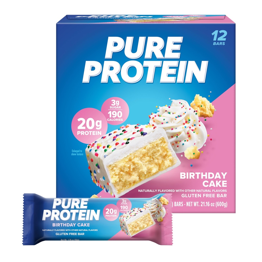 Barres de protéines pures, haute protéine, collations nutritives pour soutenir l'énergie, faible sucre, sans gluten, gâteau d'anniversaire, 1,76 oz, paquet de 12 (emballage mai Vary)
