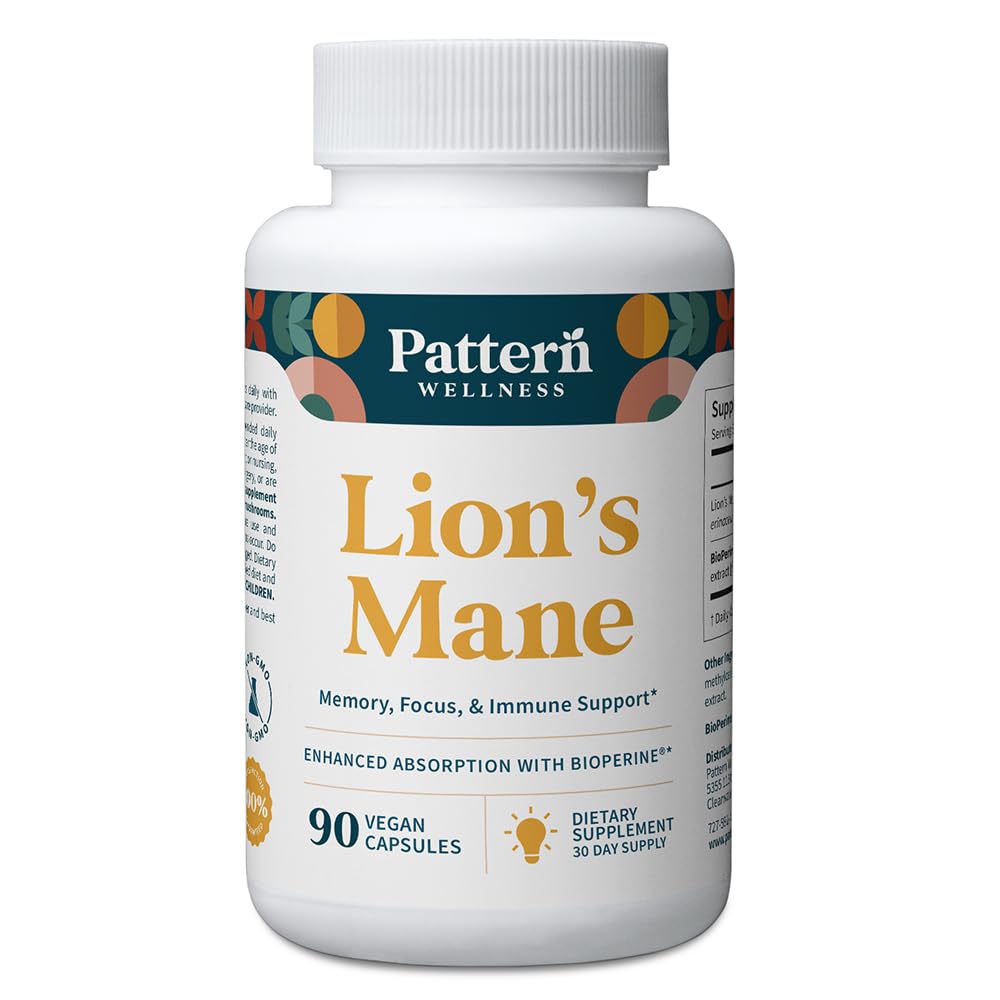 Pattern Wellness Lion’s Mane Mushroom – Supplemento capsule per il supporto cognitivo e di messa a fuoco – Assorbimento potenziato – 90 capsule vegane