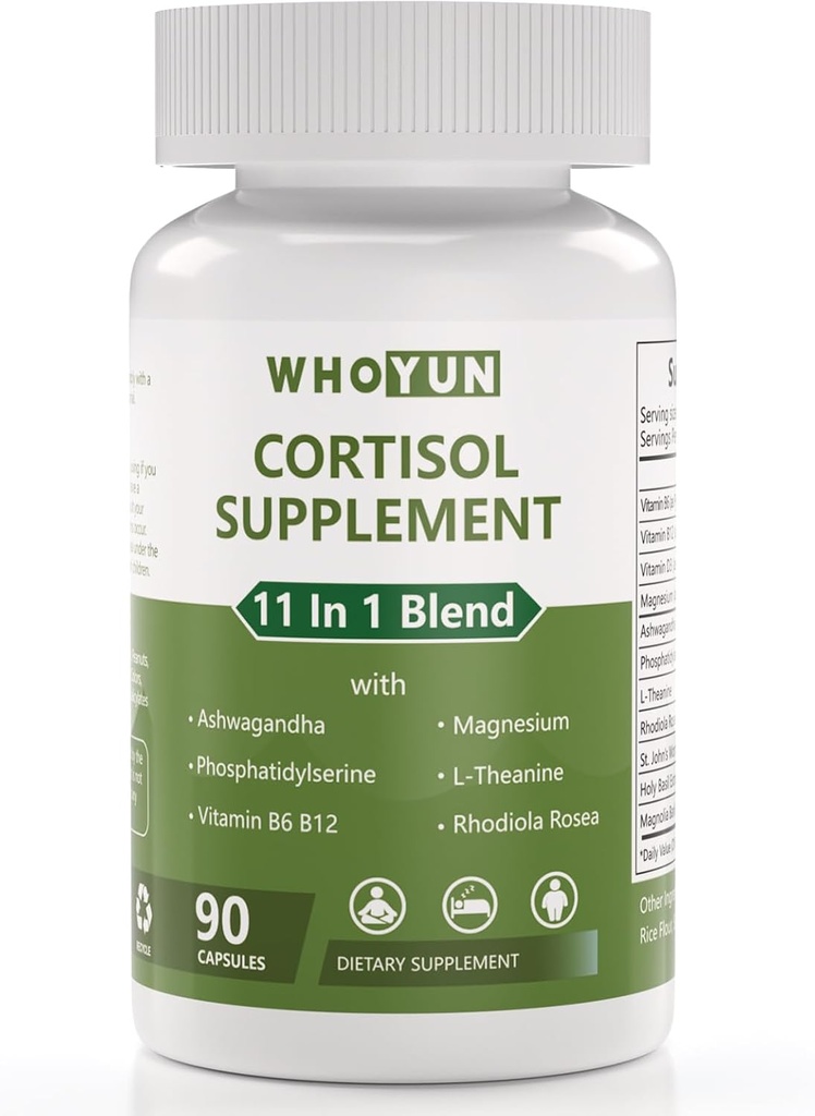 Cortisol Supplement für Damen, 11 in 1 Lower Cortisol Blend mit Ashwagandha, Phosphatidylserin, Magnesium, L-Theanin, Vegan, 90 Kapseln
