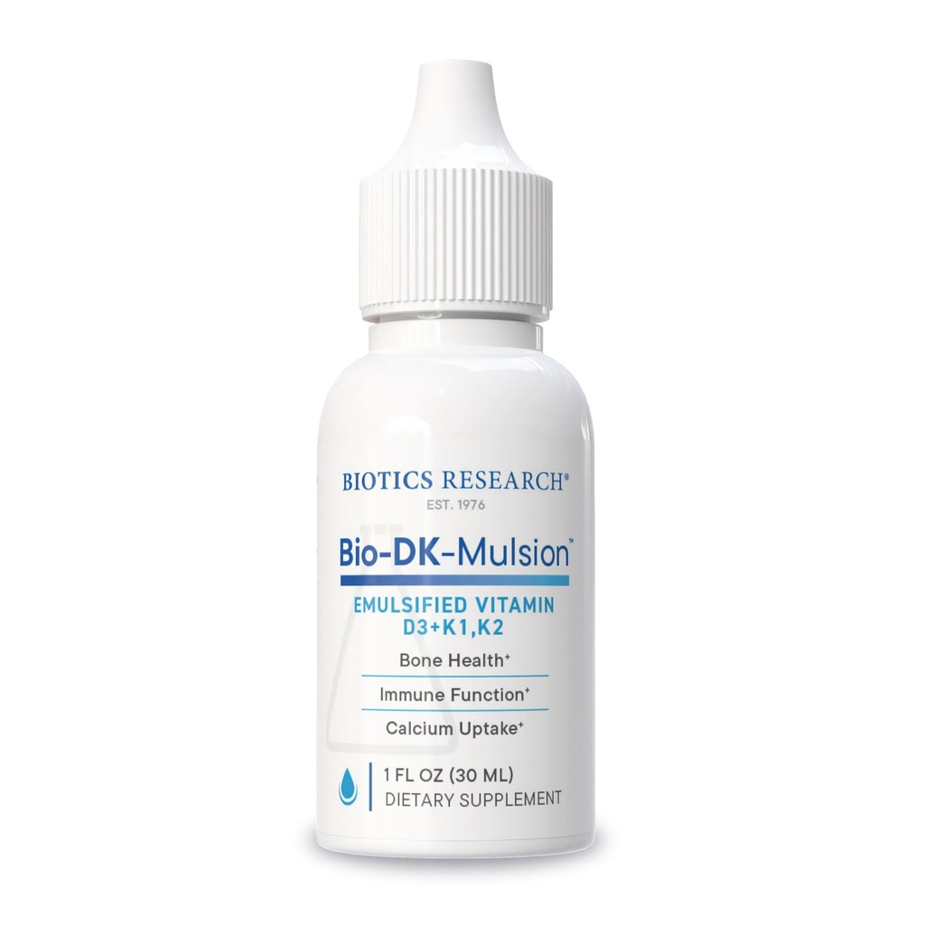 Recherche en biotique Bio-DK-MulsionMC–Vitamine liquide émulsifiée D et K, D3 gouttes 125 mcg et vitamine K (K1, K2) 300 mcg MK-7–Supporte des os plus forts, force musculo-squelettique, coeur en santé et IMC 1 fl oz