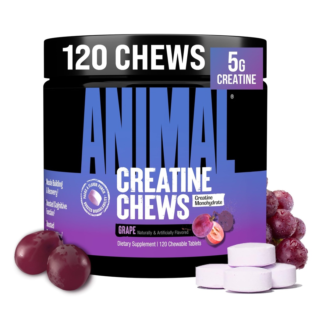 Animal Creatine Chews Tablets - Verbesserte Kreatin-Monohydrat mit AstraGin zur Verbesserung der Absorption, Meersalz für hinzugefügte Pumpen, leckere und bequeme Kautabletten - Trauben