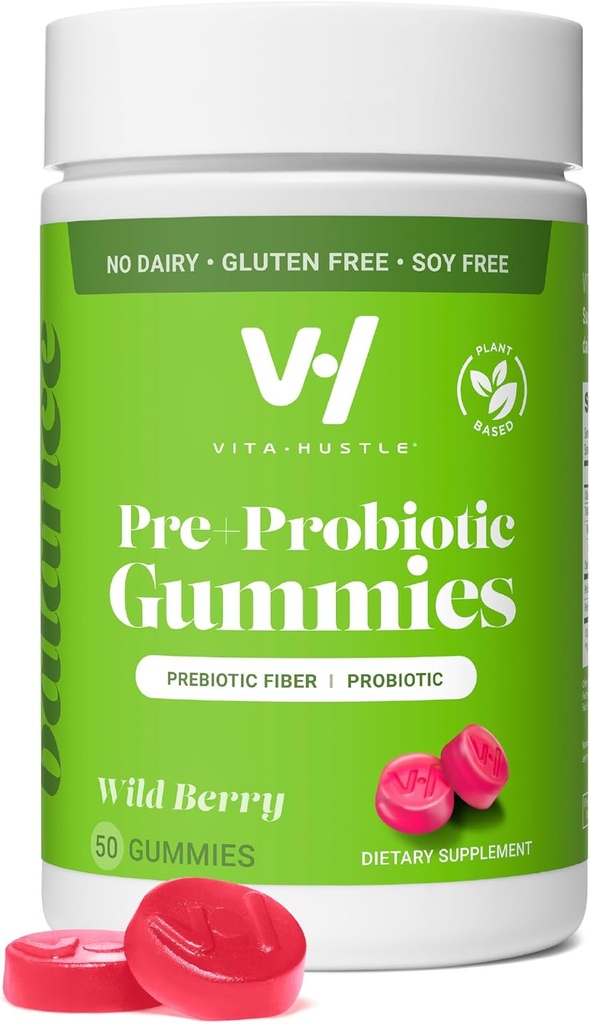 VitaHustle Pre + Gommies probiotiques, Vegan, Santé des Guts, Digestion, Bloatation, Relief, Soutien immunitaire, Faible sucre, Basé sur les plantes, Non OGM, Berry Flavor, 50 Comte