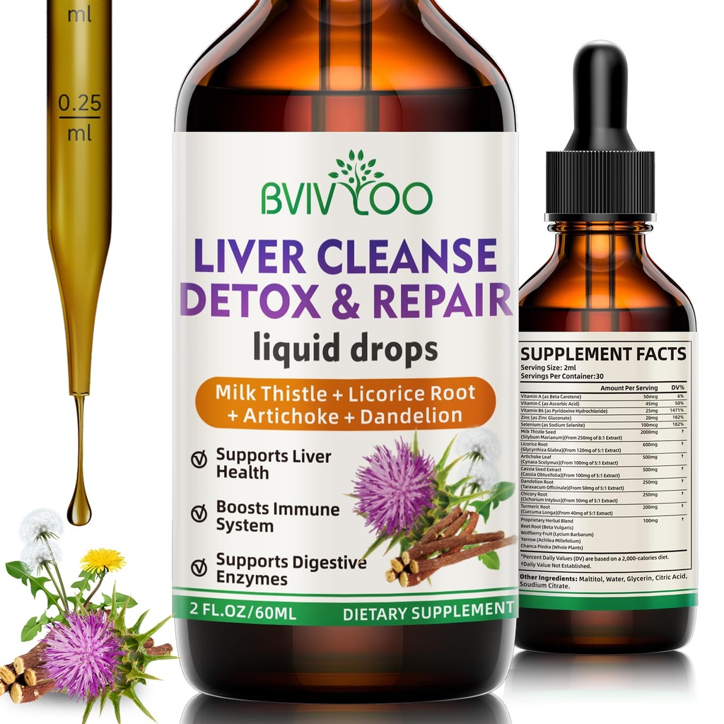 Liver Cleanse Detox & Repair Liquid Drops - 2000mg Milk Thistle, Dandelion Root, Artichoke, Silymarin Extract, & Turmeric Herbs - Vegan, Non-GMO - 2 Fl Oz (60ml) Flasche