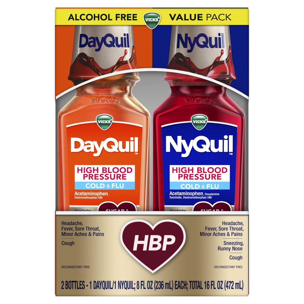VICKS DayQuil & NyQuil High Blood Pressure Cold & Flu Relief Liquid Medicine Co-pack, puissant multi-symptômes Daytime & Nighttime Relief pour les symptômes du rhume, de la toux et de la grippe, sans sucre et sans alcool, 2x8oz
